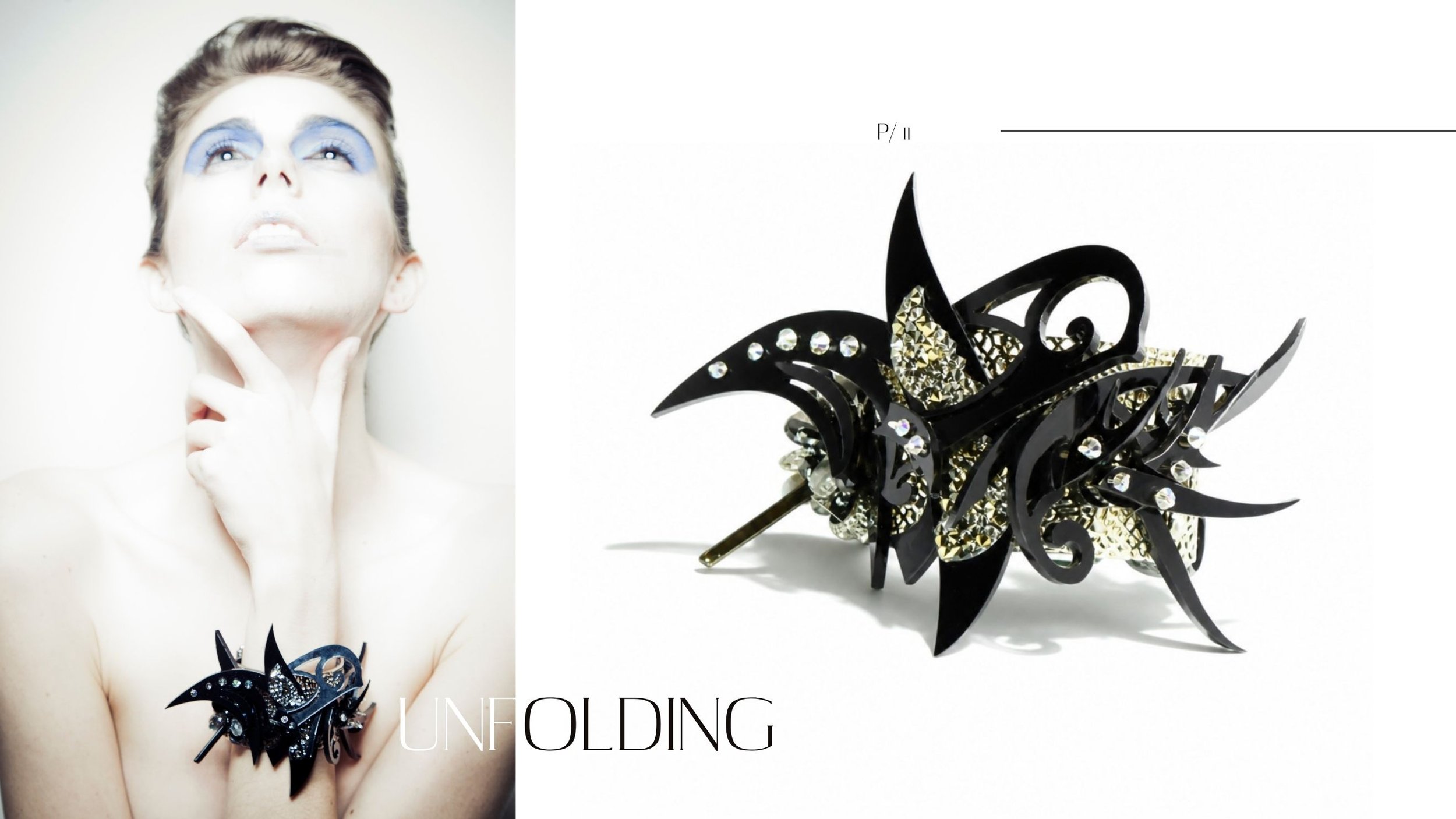Lookbook spread featuring a model with blue eye makeup wearing a black sculptural cuff beside a close-up of its crystal-studded braceletdesign.
