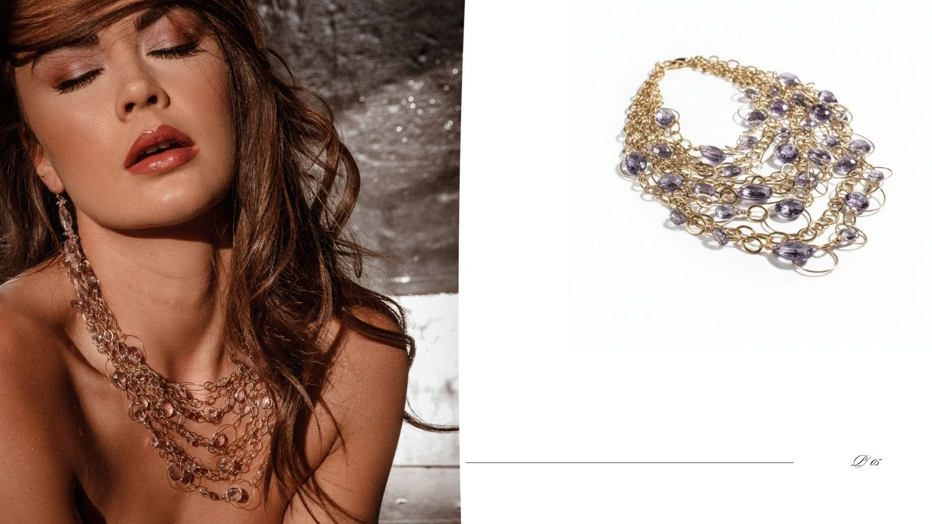 Eros lookbook image featuring a close-up portrait of a model wearing a layered amethyst bead and chain statement necklace, alongside a product photo of the same gold-and-amethyst necklace on a white background.