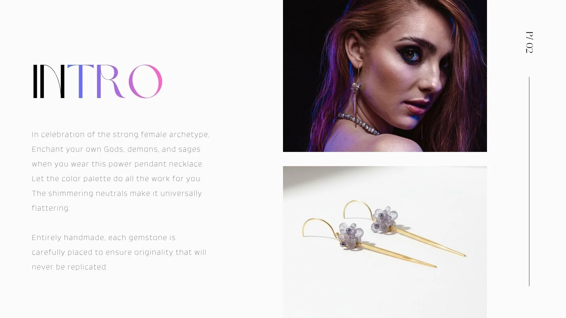 Lookbook intro page featuring the word “INTRO,” a moody close-up portrait of a woman in dramatic makeup and gemstone drop earrings, and a product photo of delicate gold spike earrings with soft lavender gemstone clusters.