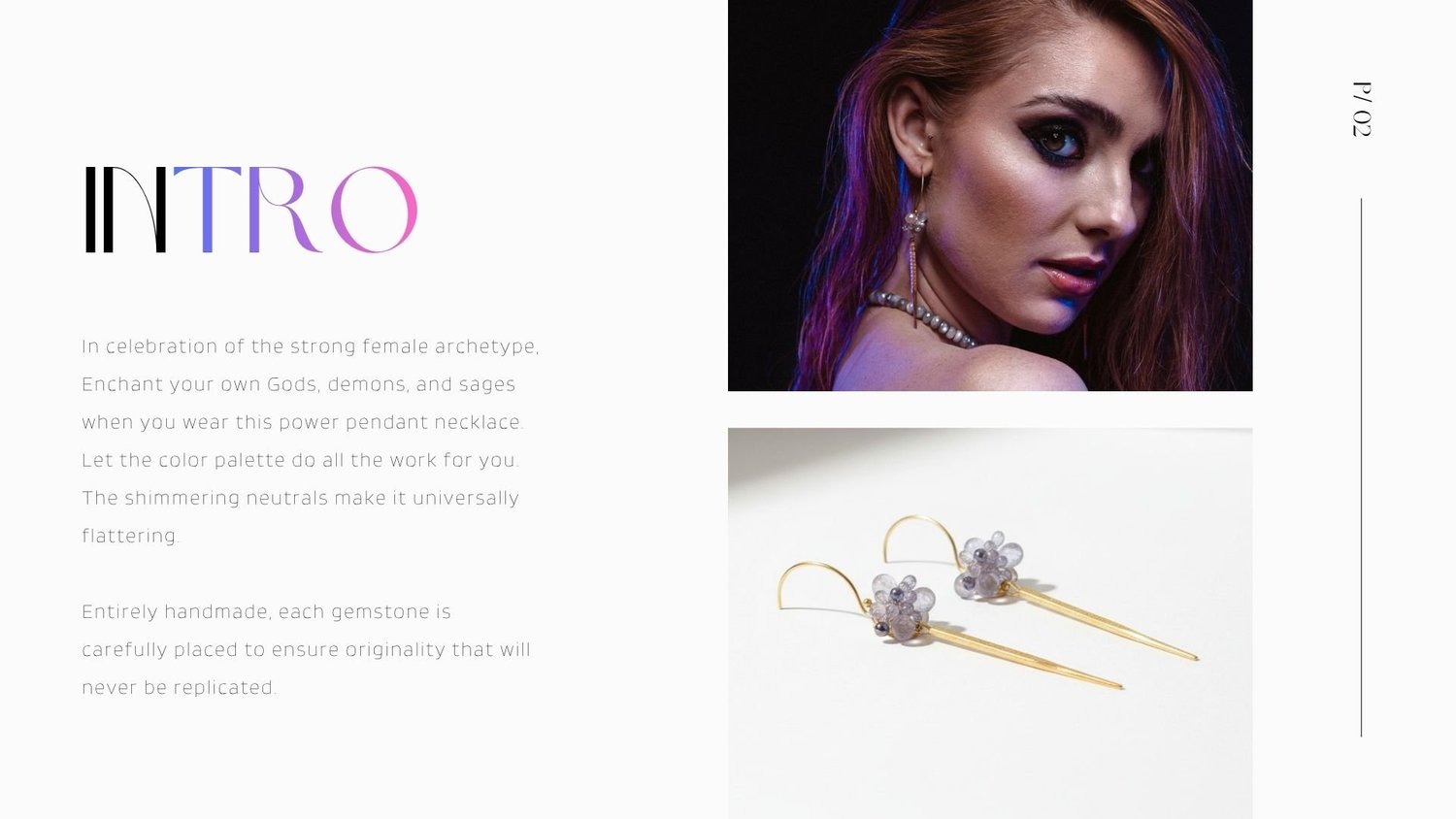 Lookbook intro page featuring the word “INTRO,” a moody close-up portrait of a woman in dramatic makeup and gemstone drop earrings, and a product photo of delicate gold spike earrings with soft lavender gemstone clusters.