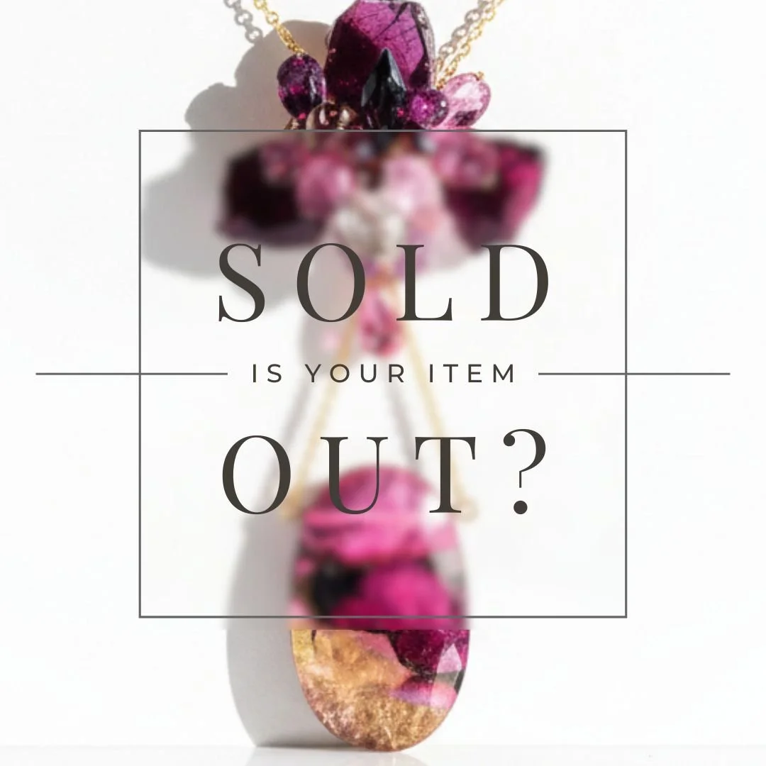 Graphic with a blurred pink and purple garnet gemstone pendant necklace background and overlay text reading SOLD IS YOUR ITEM OUT? inside a thin square frame.