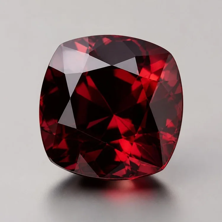 Illustration of a faceted almandine garnet, deep wine red