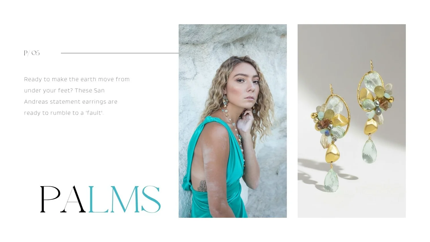 Lookbook page with a blonde model in turquoise, plus a product close-up of dangling pale green gemstone earrings.