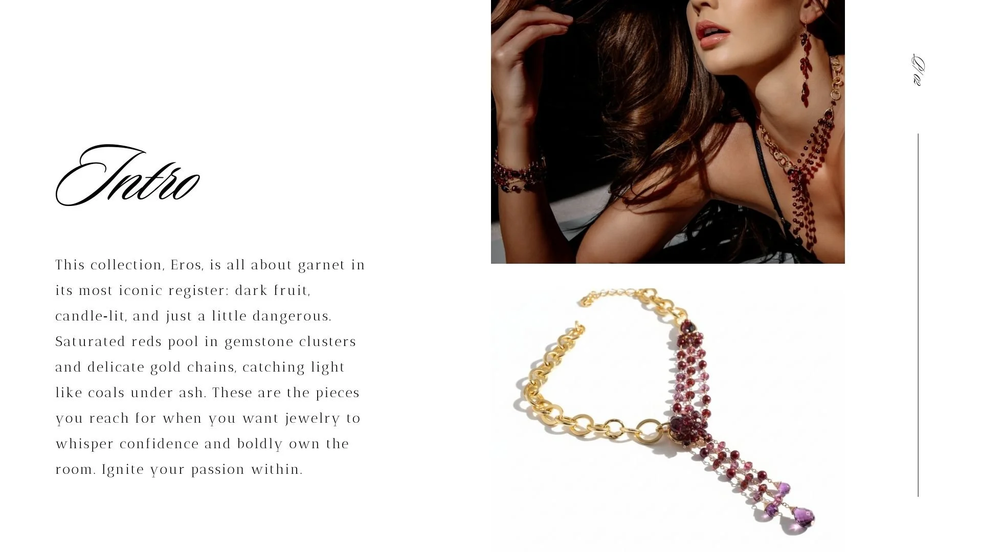 Eros garnet lookbook intro page with serif text about the collection, a close-up model wearing garnet earrings and cascading garnet necklace, and a product shot of a gold chain necklace with garnet gemstone strands.