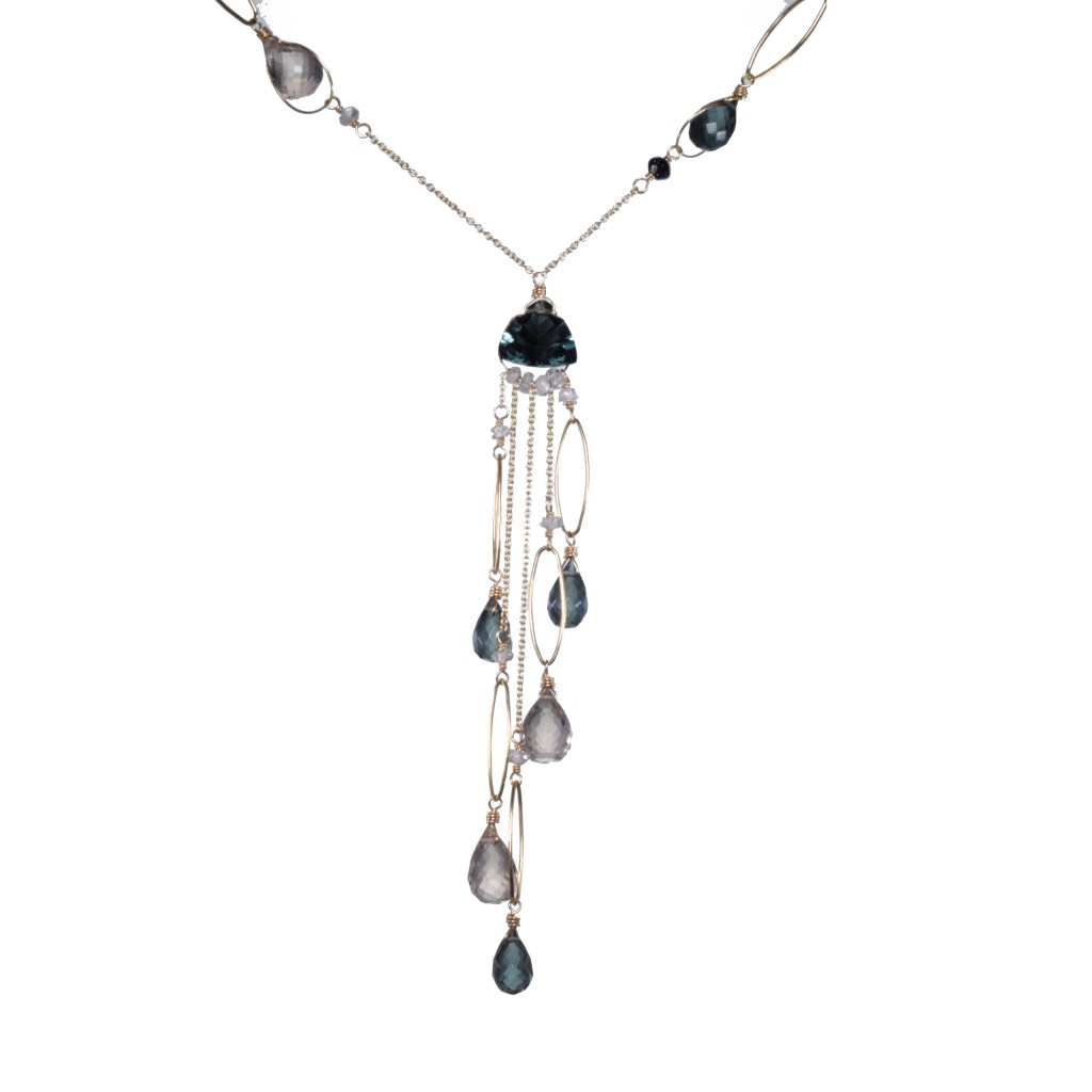 fancy trillion cut quartz multi gold chain link necklace