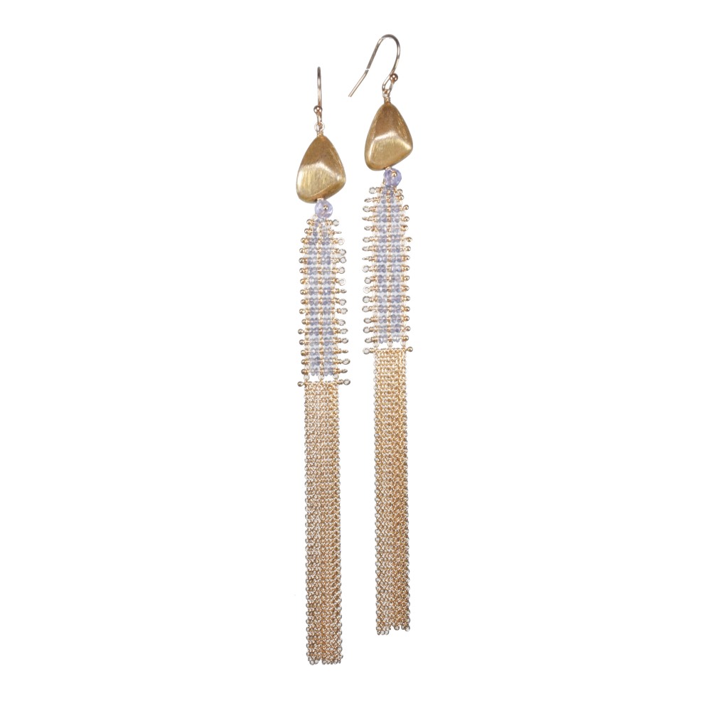 tanzanite chain mail gold tassel earrings