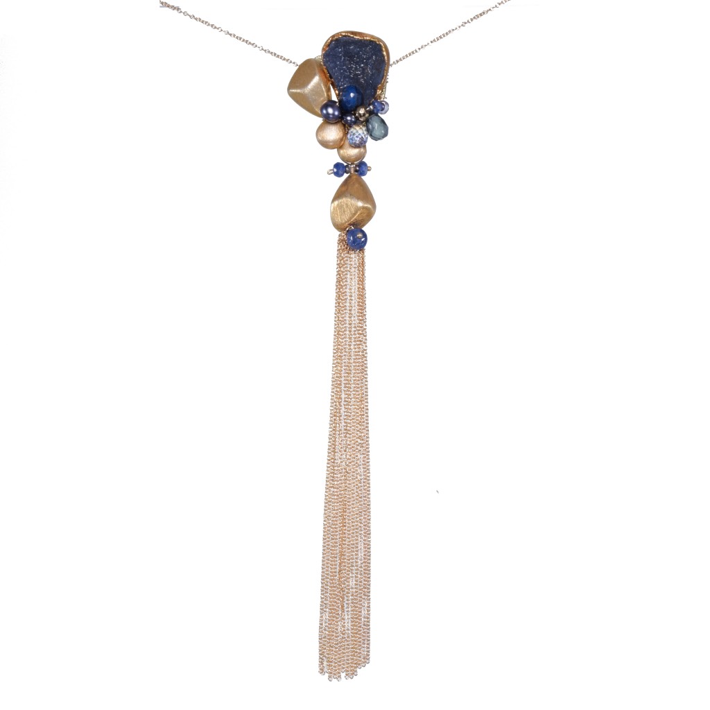 sapphire gemstone druzy gold tassel long necklace