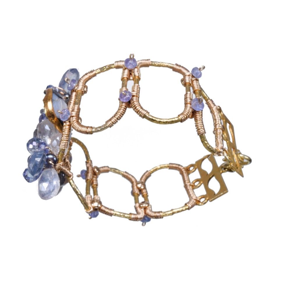 gemstone druzy pearl gold link cuff bracelet