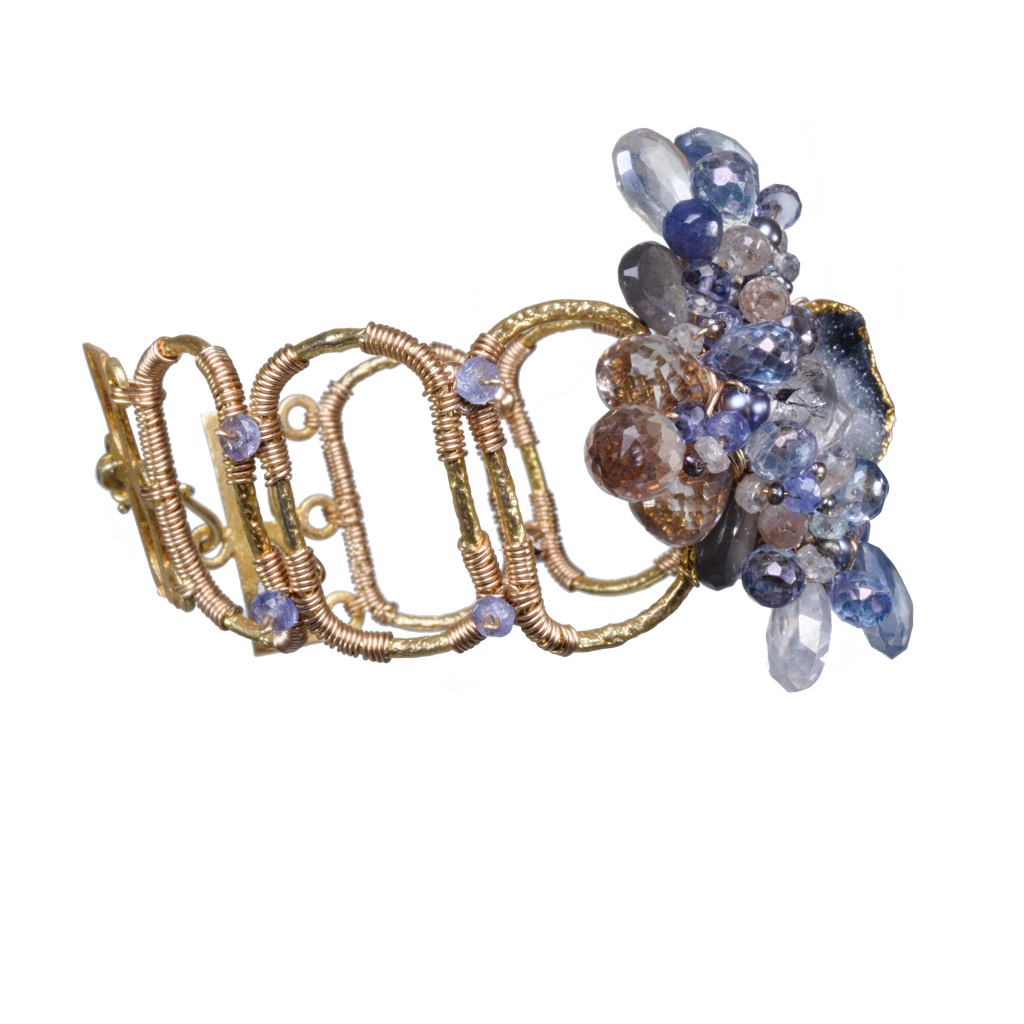 gemstone druzy pearl gold link cuff bracelet