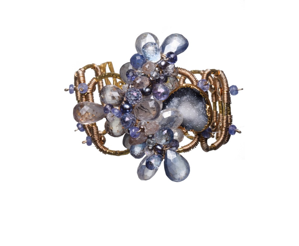 gemstone druzy pearl gold link cuff bracelet