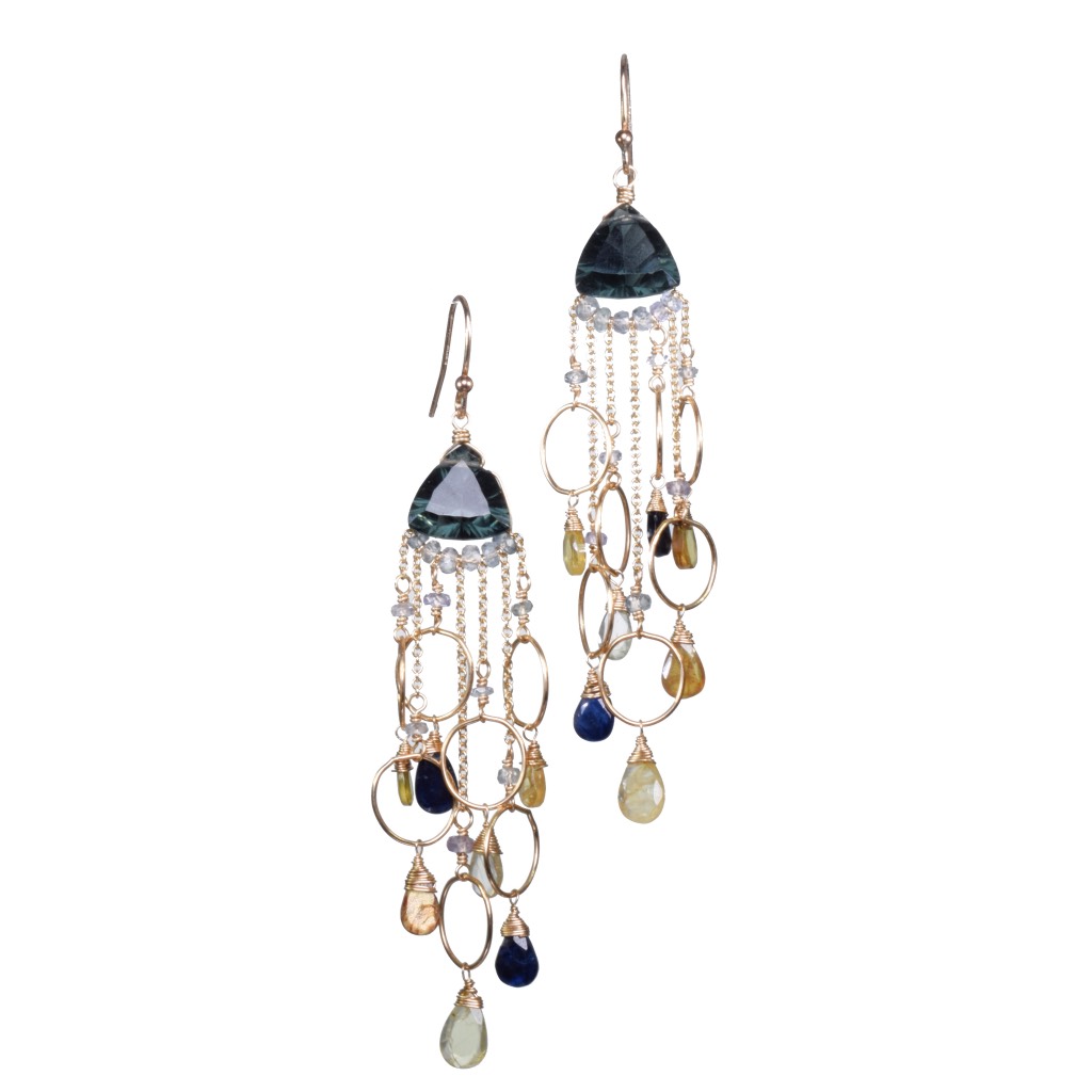 padparadscha sapphire fancy trillion cut quartz gold link multi drop earrings
