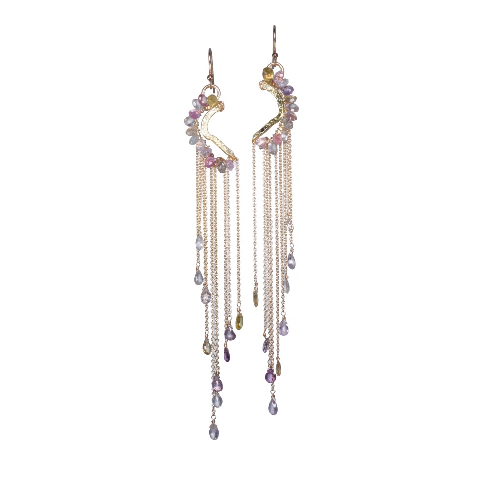 pink sapphire multi gold chain drop earrings