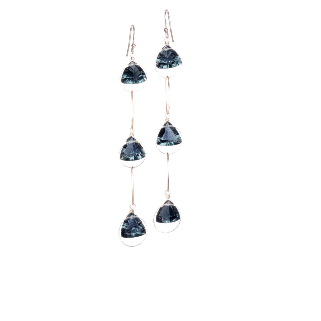 fancy trillion cut quartz triple drop gold earrings