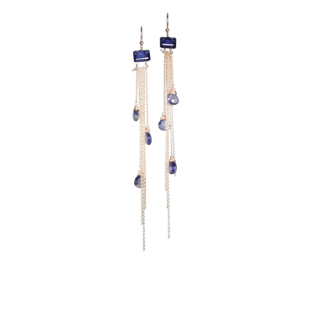 emerald cut iolite multi briolette gold chain tassel earrings