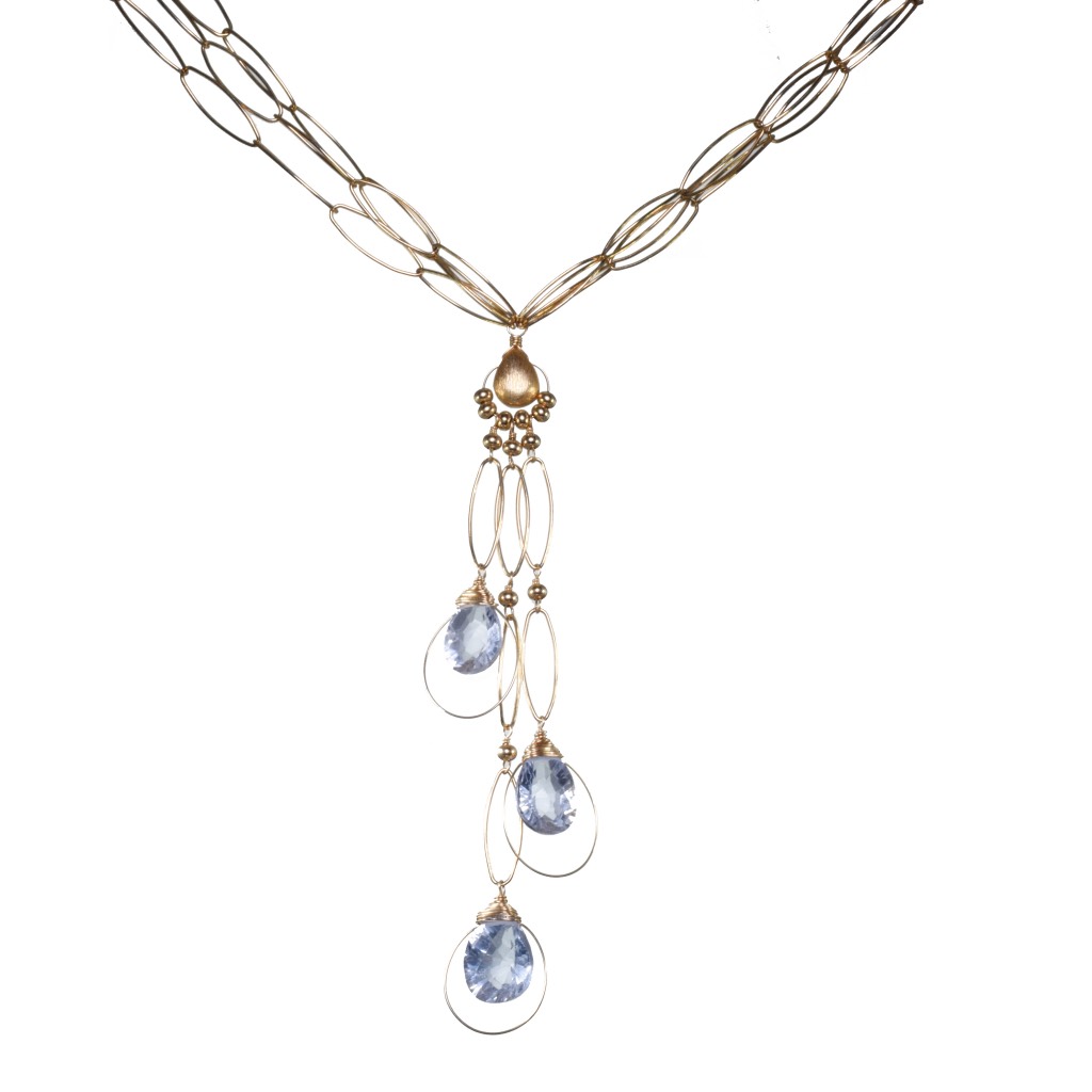 fancy cut quartz multi drop gold chain link necklace