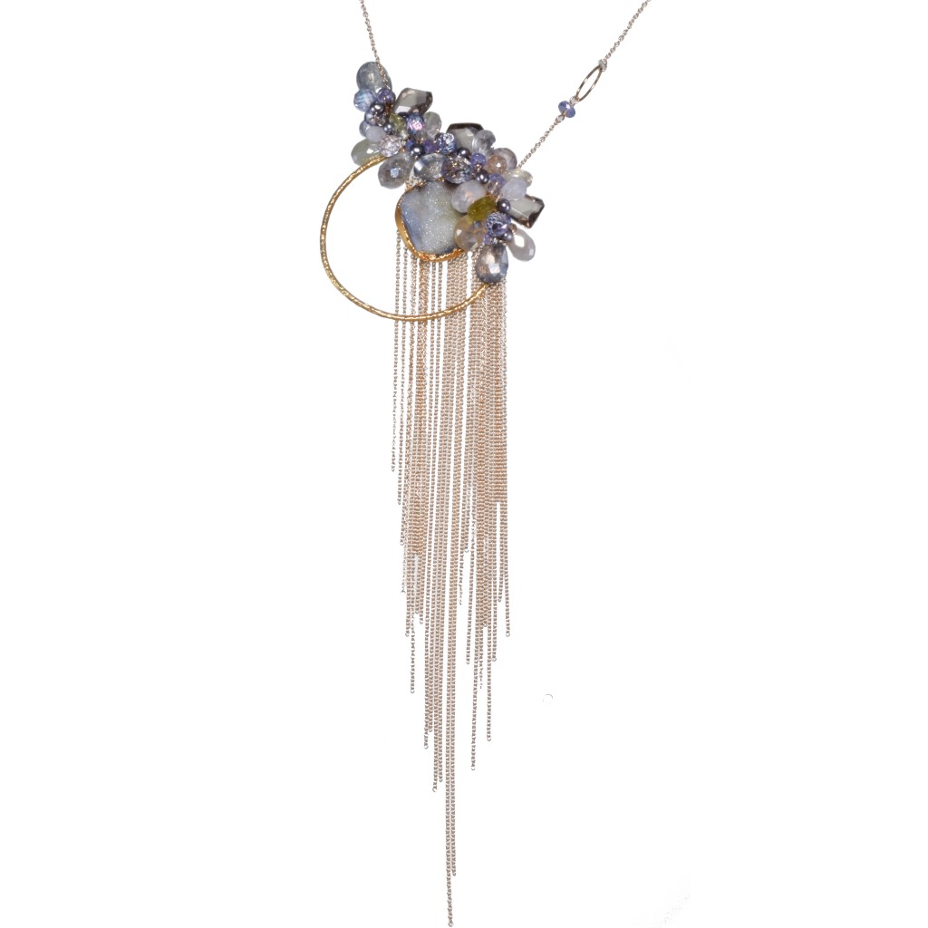 gemstone druzy pearl circle pendant with gold chain tassel long necklace