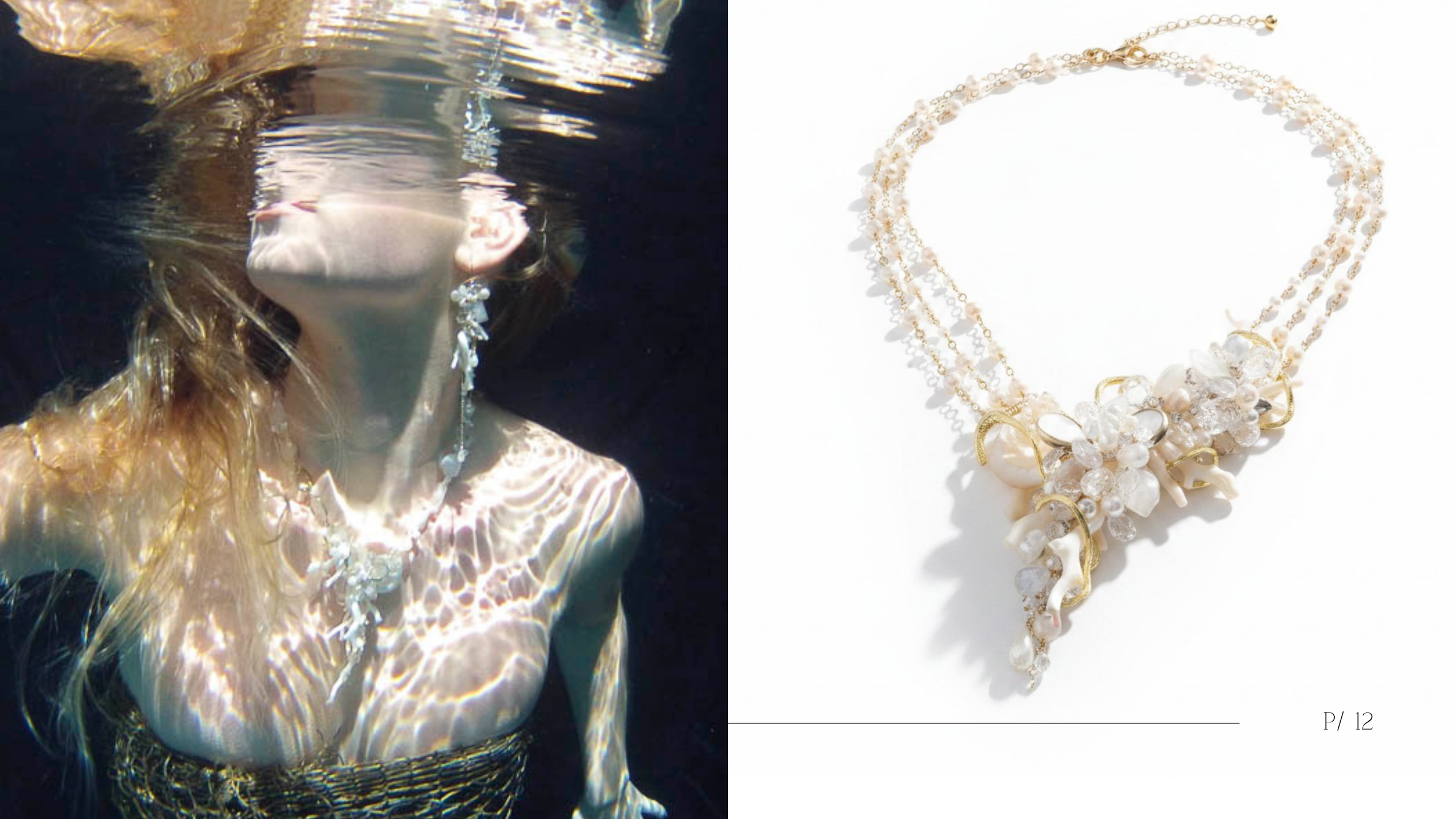 An underwater siren wearing a pearl, shell, and crystal statement necklace by Andrea Li