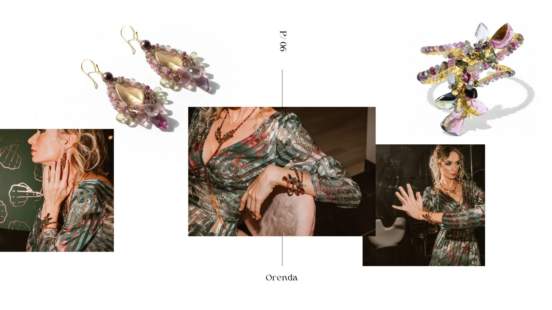 Orenda lookbook collage featuring multicolor tourmaline jewelry—studio shots of gemstone cluster drop earrings and a statement bracelet/cuff, plus three photos of a model in a patterned dress wearing the bracelet and layered necklace.