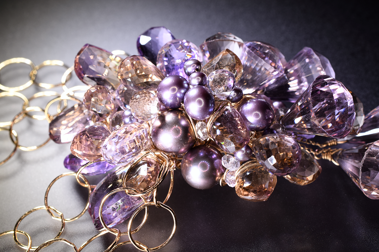 ametrine pink amethyst pearl multi chain link gold necklace