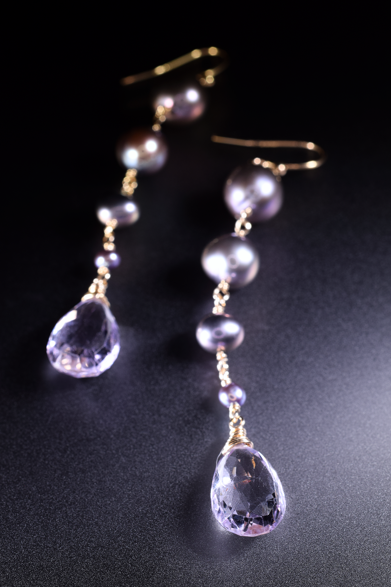pink amethyst pearl gold drop gemstone earrings