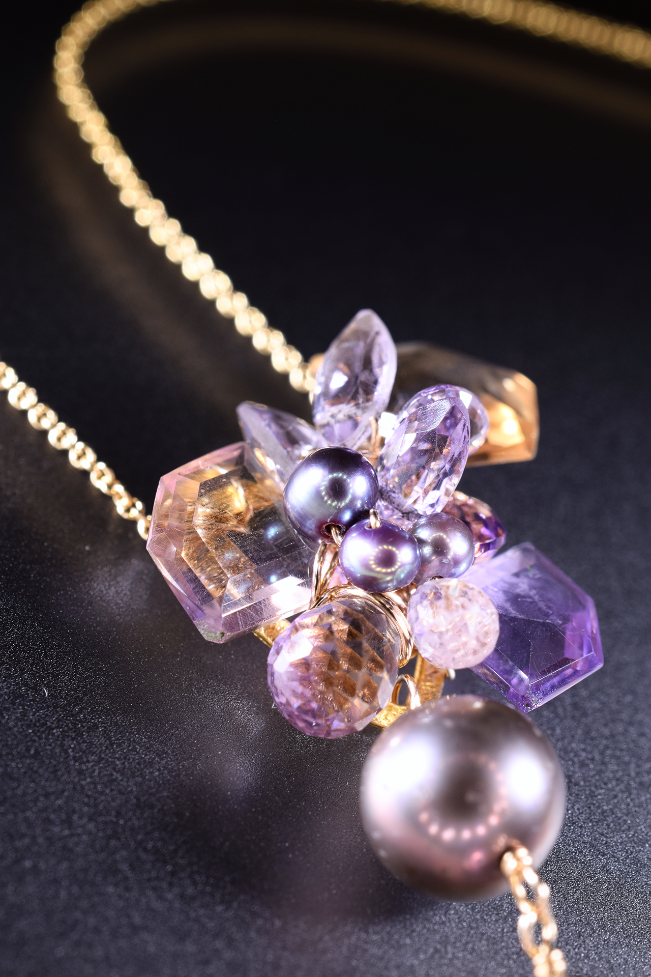 ametrine pink amethyst pearl gold gemstone drop necklace