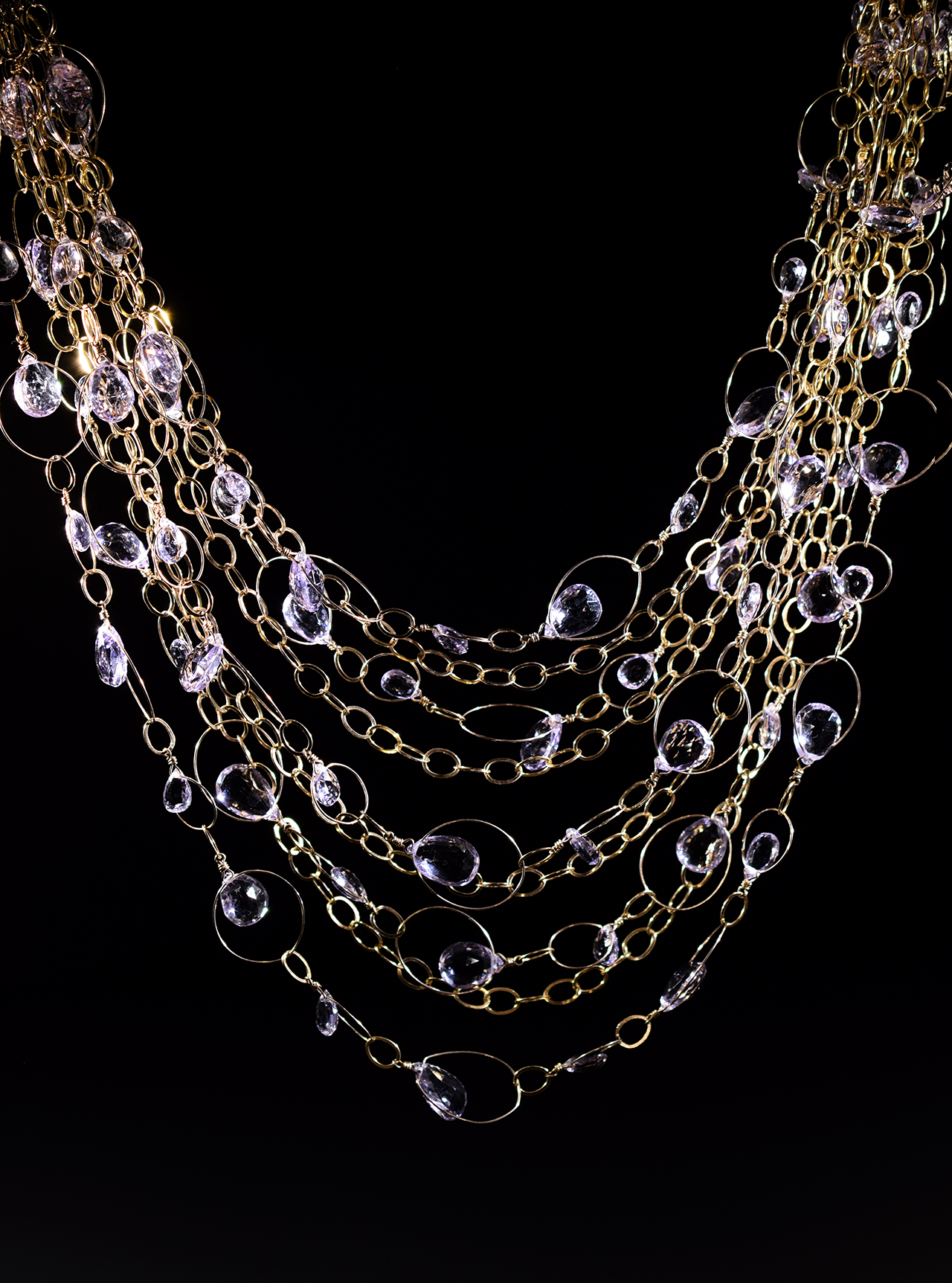 pink amethyst gemstone gold link multi-chain statement bib necklace