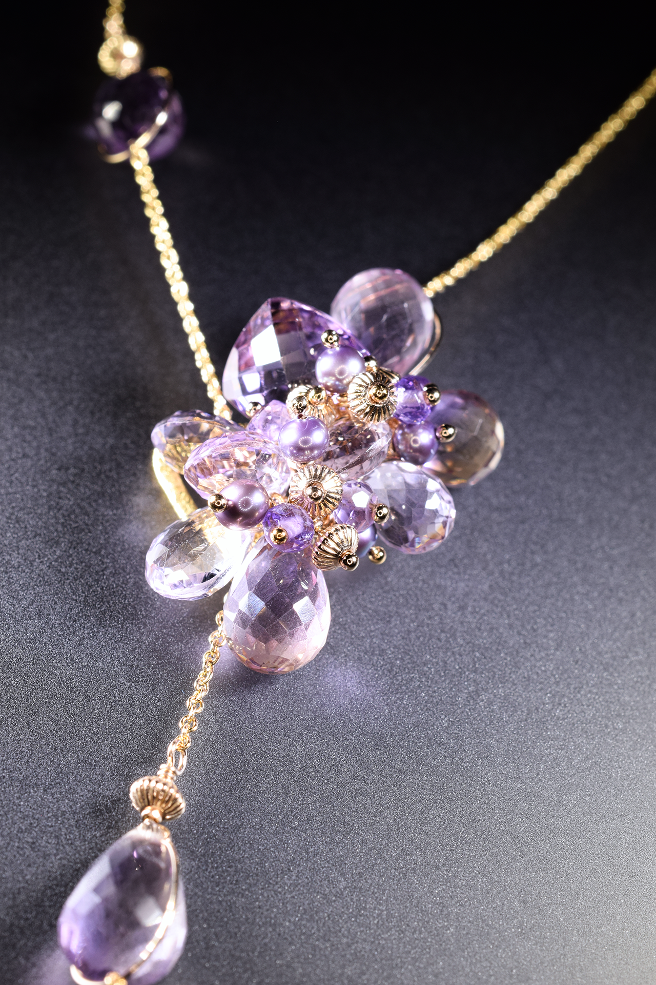 ametrine pink amethyst pearl gold gemstone lariat