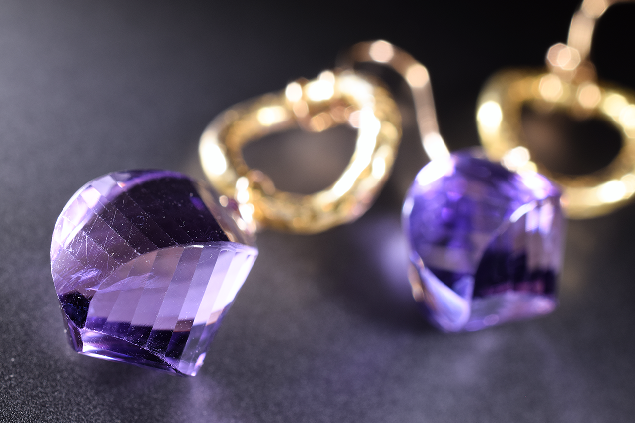 fancy cut amethyst gold link drop earrings