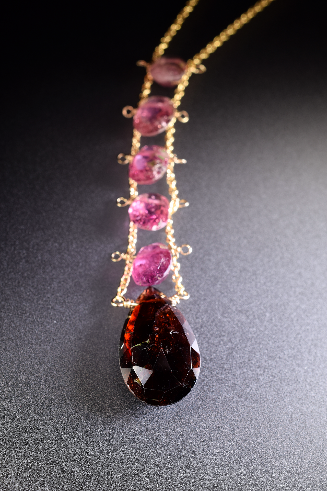Pink tourmaline drop pendant gemstone gold necklace
