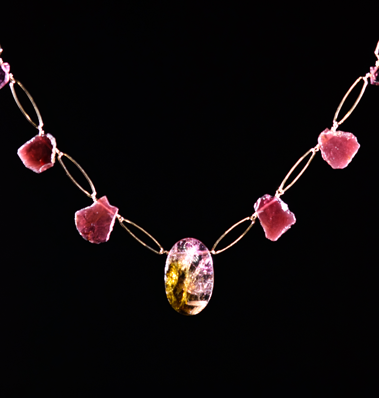 watermelon tourmaline slice garnet gemstone gold link necklace