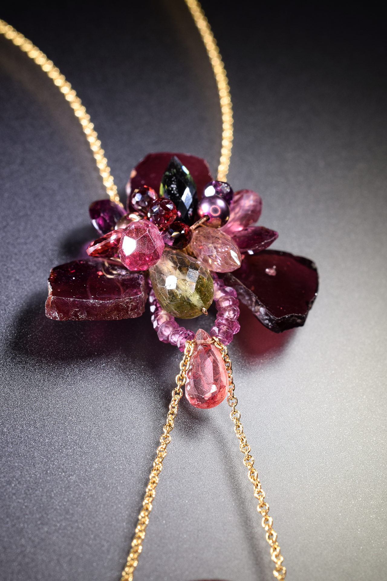 watermelon tourmaline garnet pearl gemstone gold chain drop pendant necklace