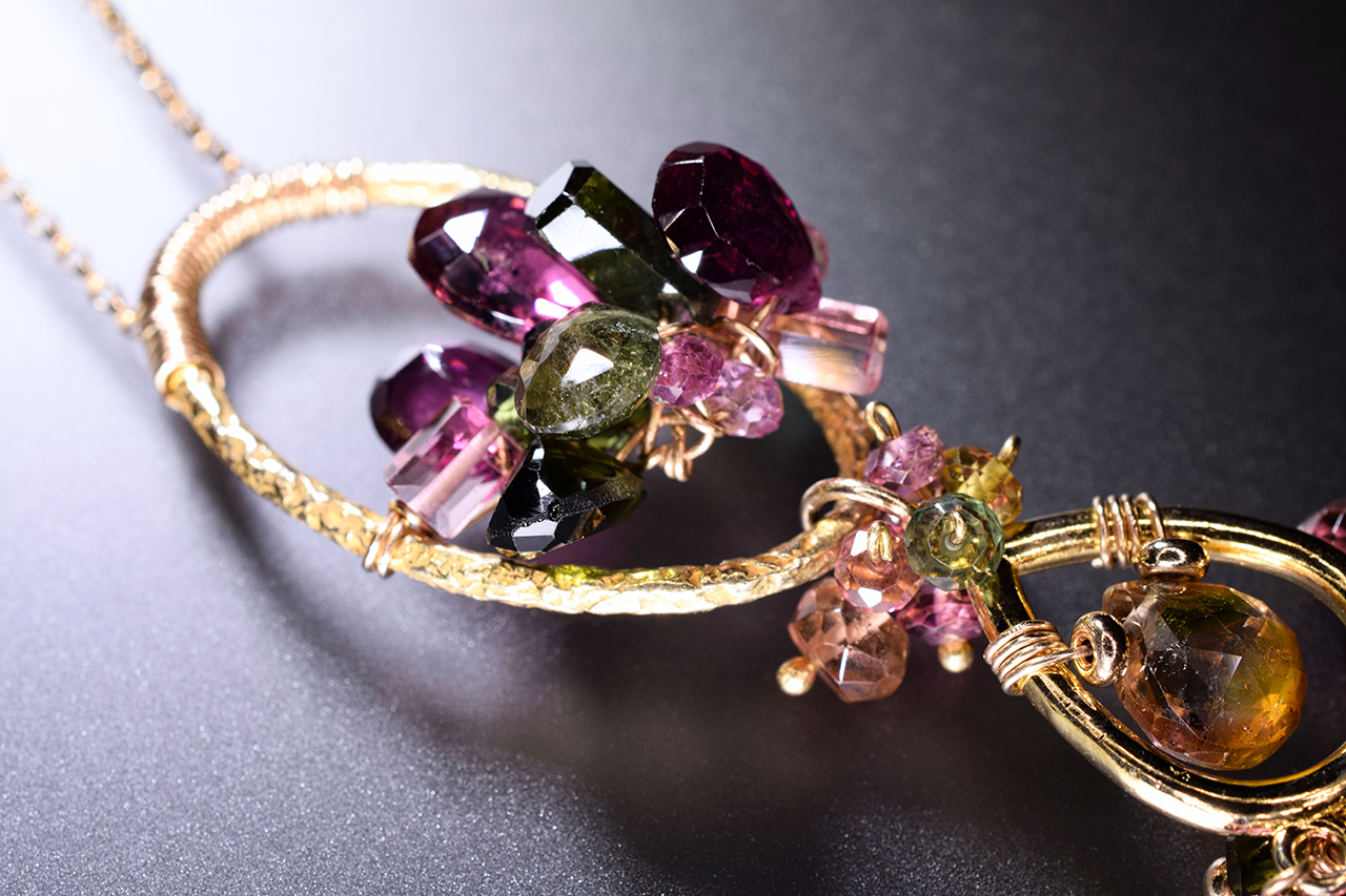 rhodolite garnet watermelon tourmaline gemstone multi-drop long gold chain necklace