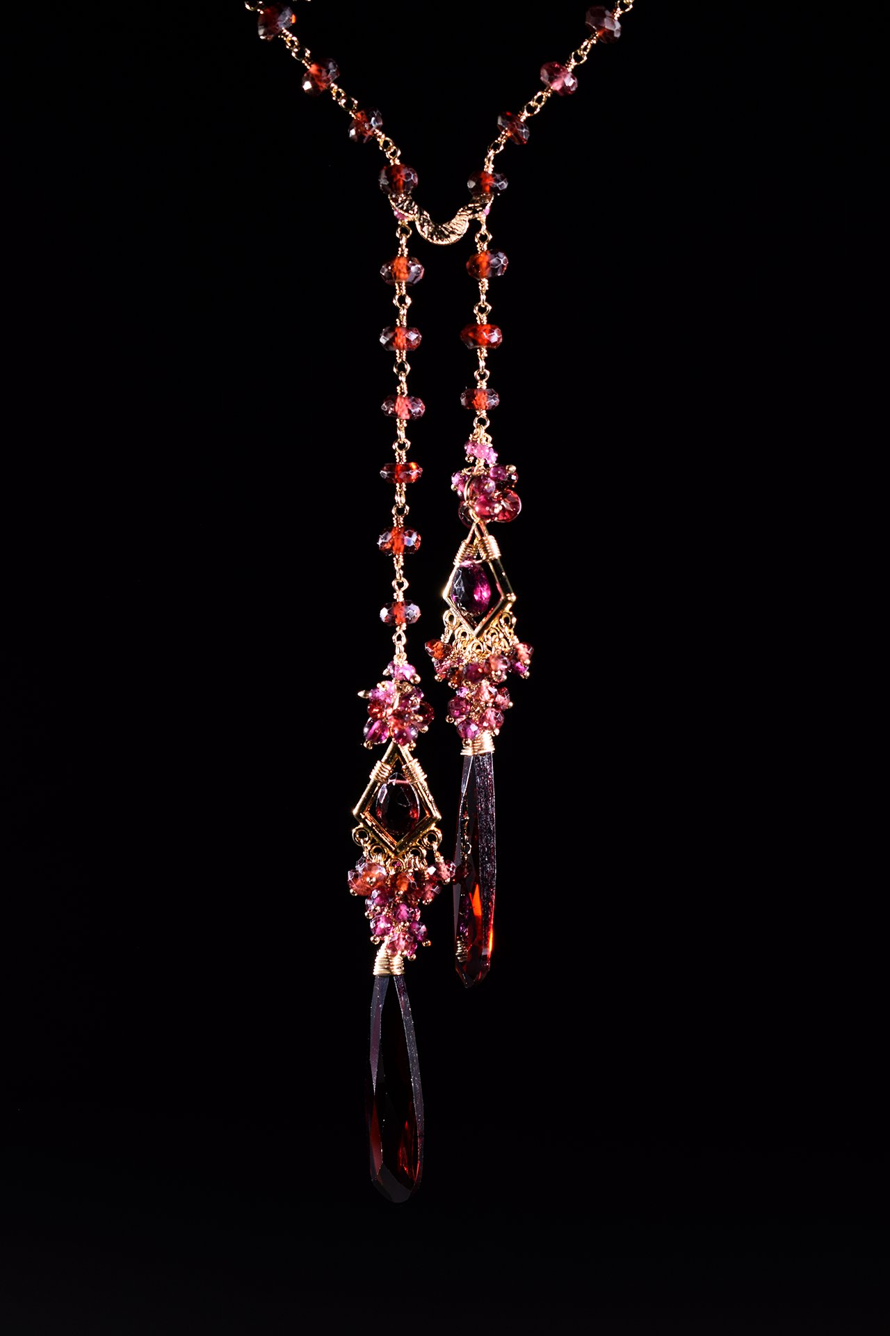rhodolite garnet gemstone gold lariat necklace