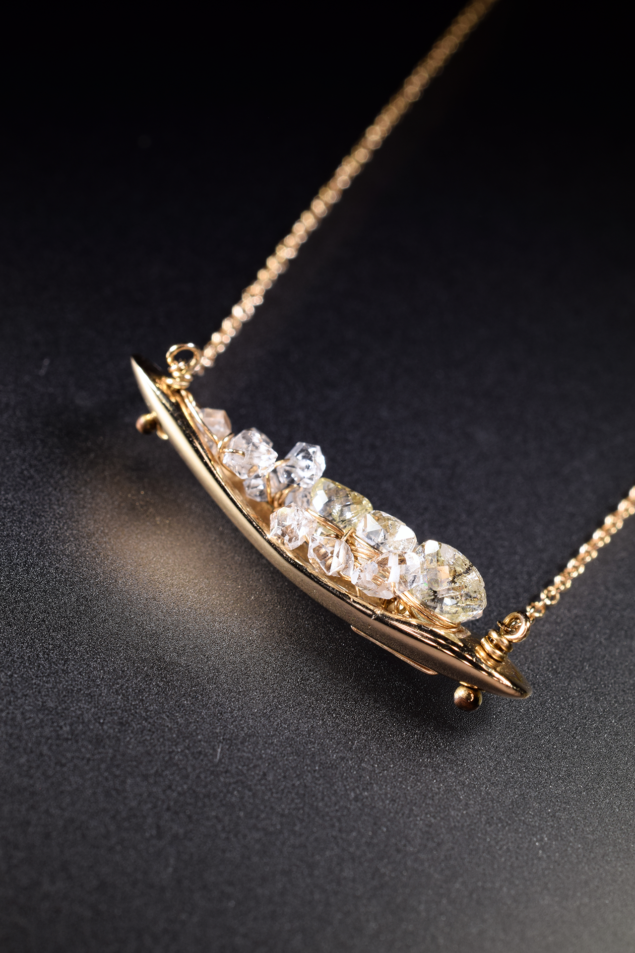 14k gold casted diamond herkimer crystal quartz pendant necklace