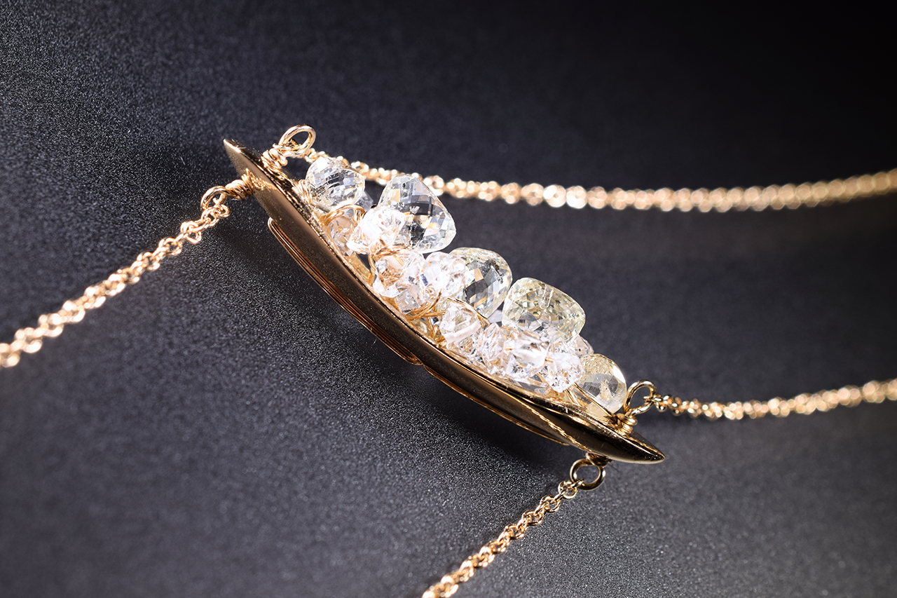 14k gold casted diamond herkimer crystal quartz pendant long double drop necklace