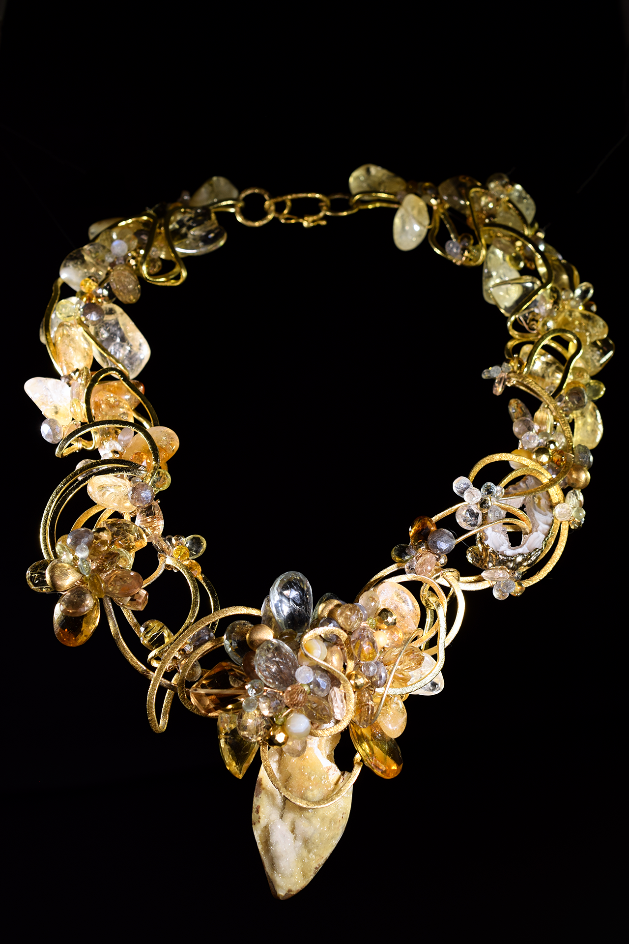 fossil druzy shell gemstone gold necklace