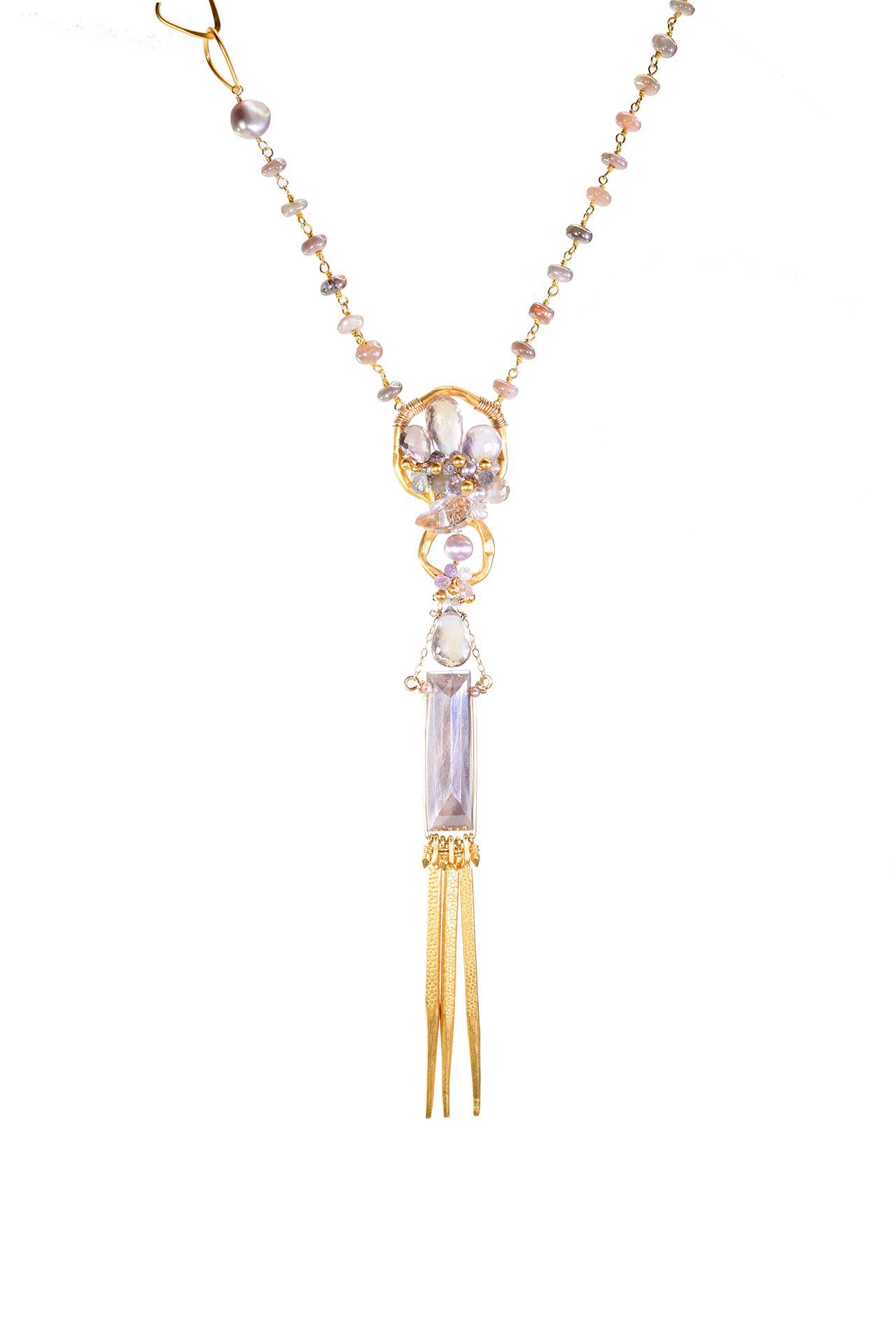 long multi drop gemstone pearl gold layering necklace