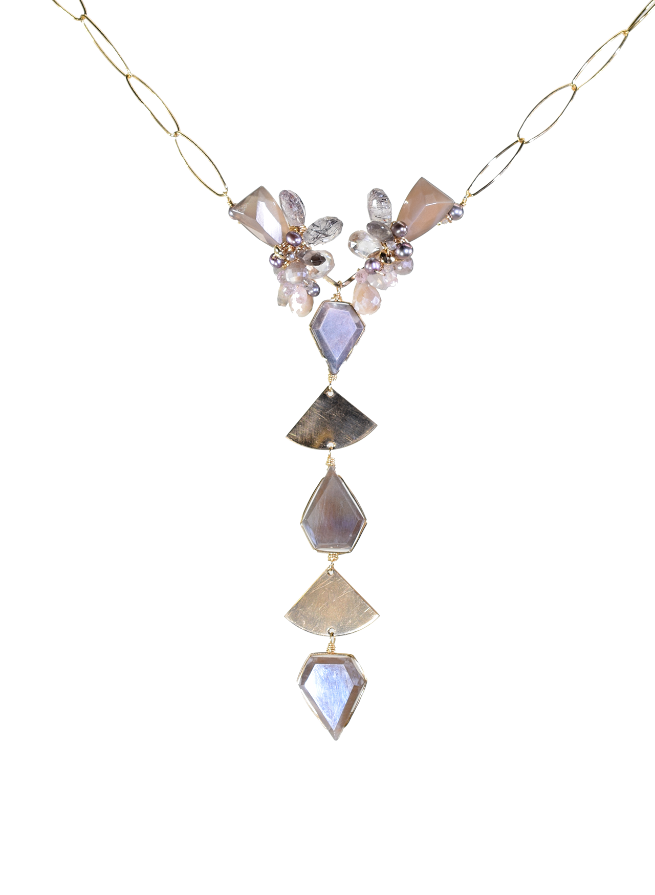 geometric gold shape shield cut moonstone multi drop gemstone cluster necklace