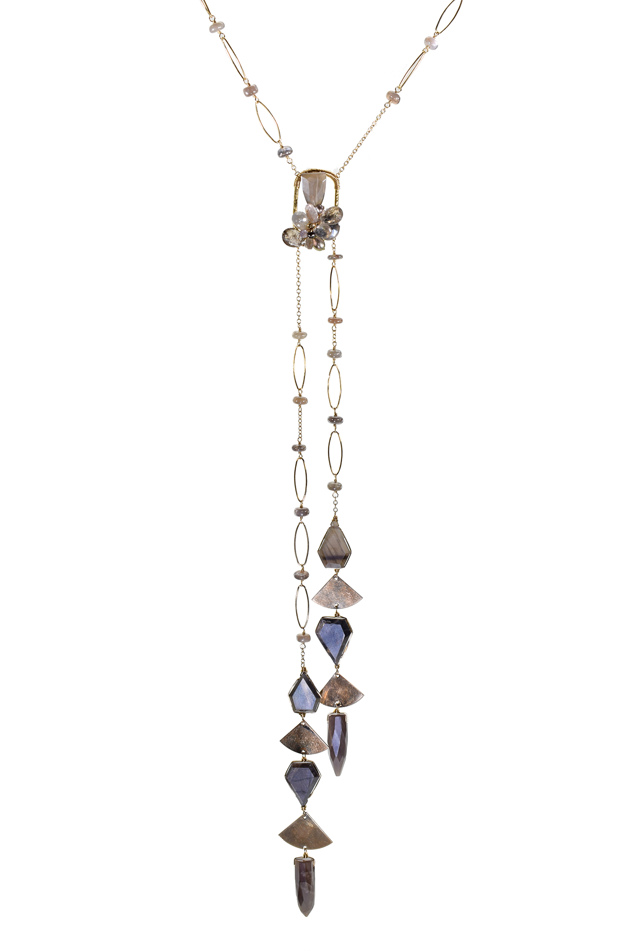 double tassel geometric gold gemstone long necklace