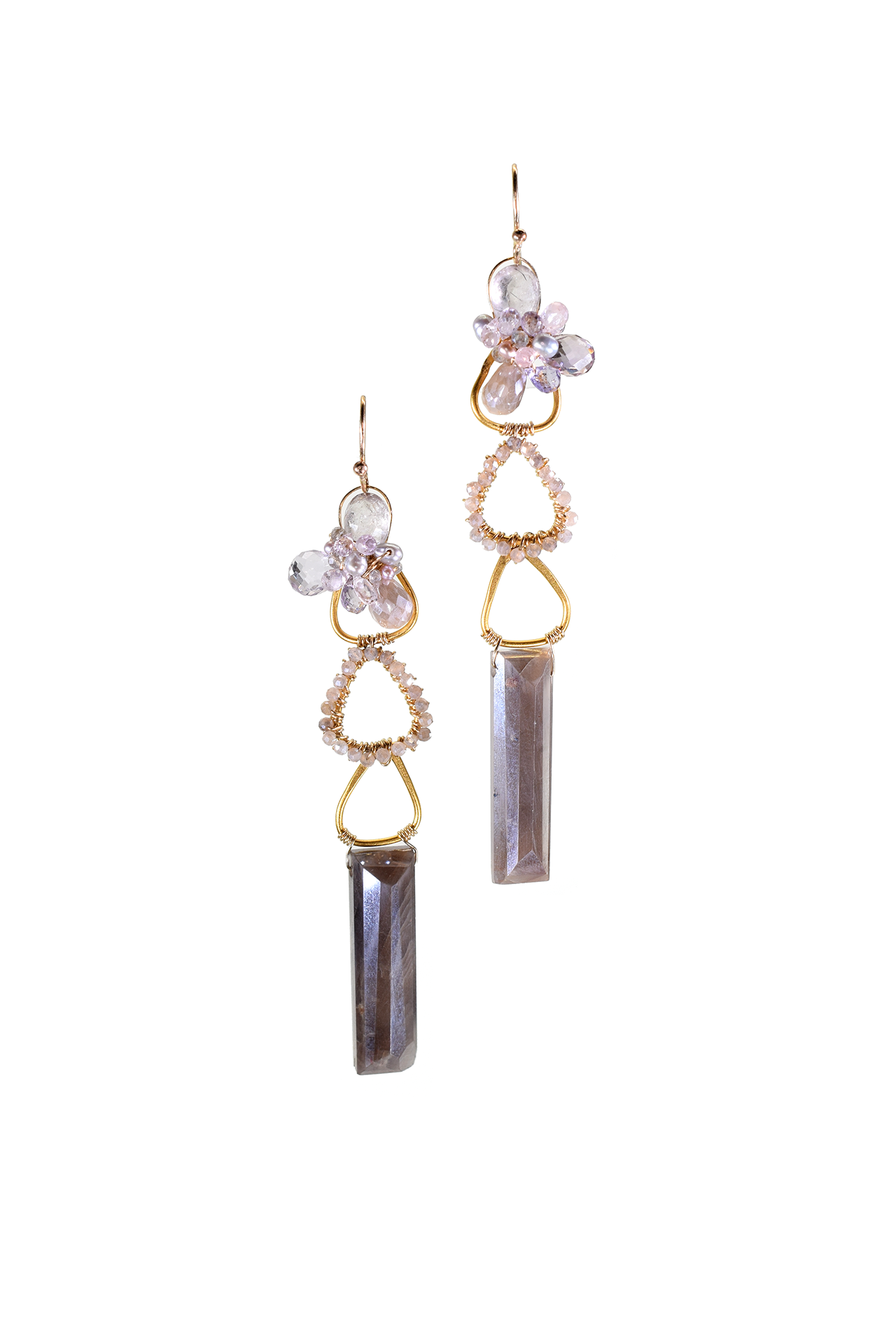 triple drop long column rectangle moonstone gold gemstone earrings