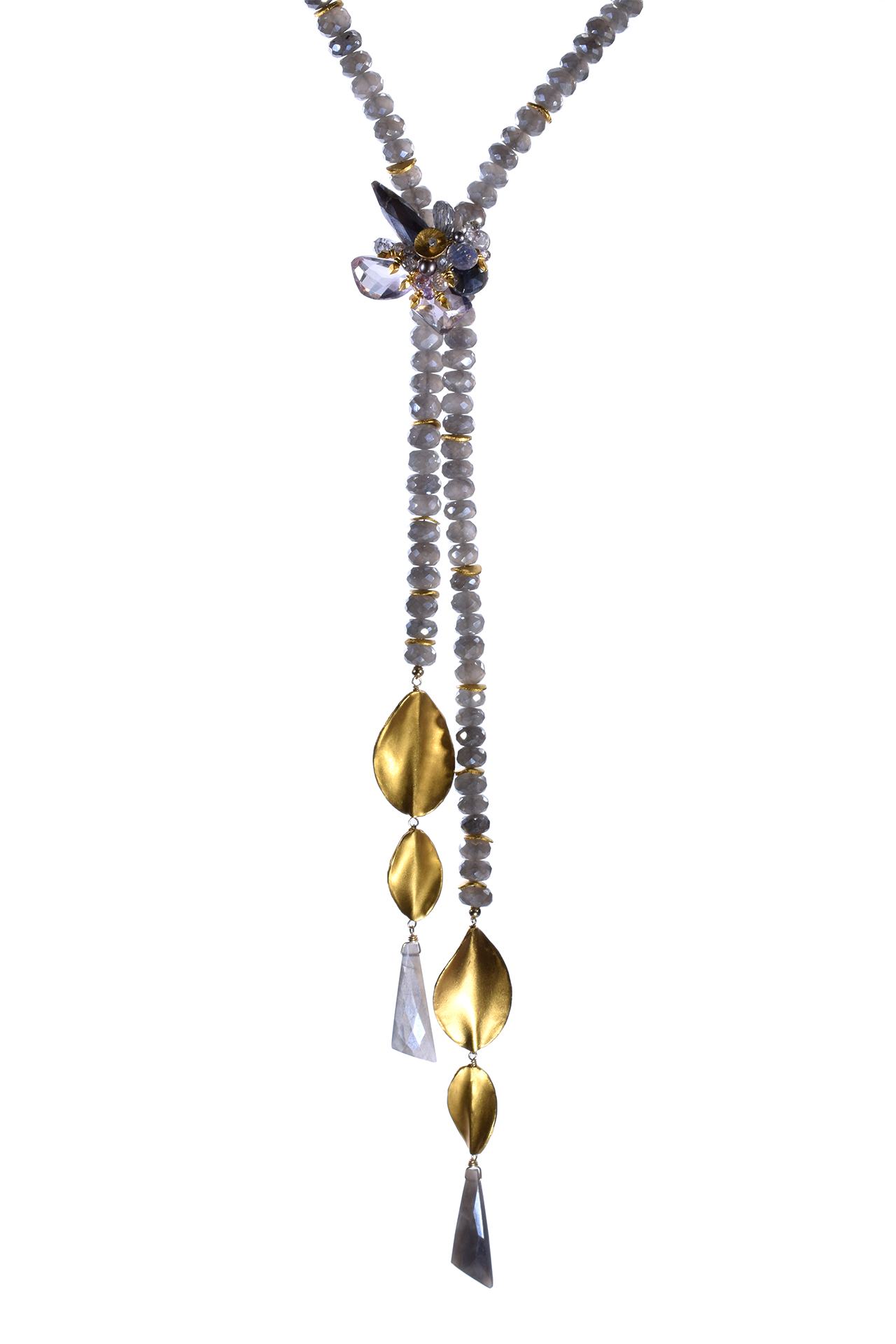 gemstone lariat double gold tassel long necklace