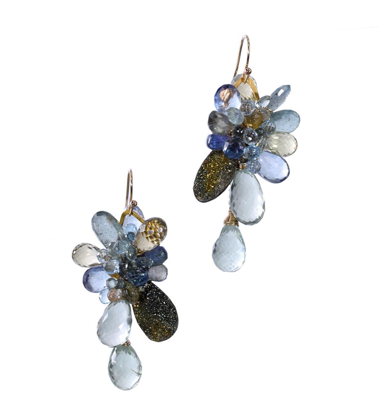 Rainbow pyrite and gemstone gold drop earrings