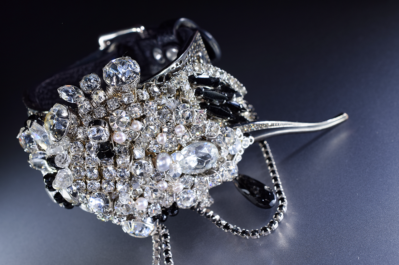 Rhinestone and leather cuff bracelet