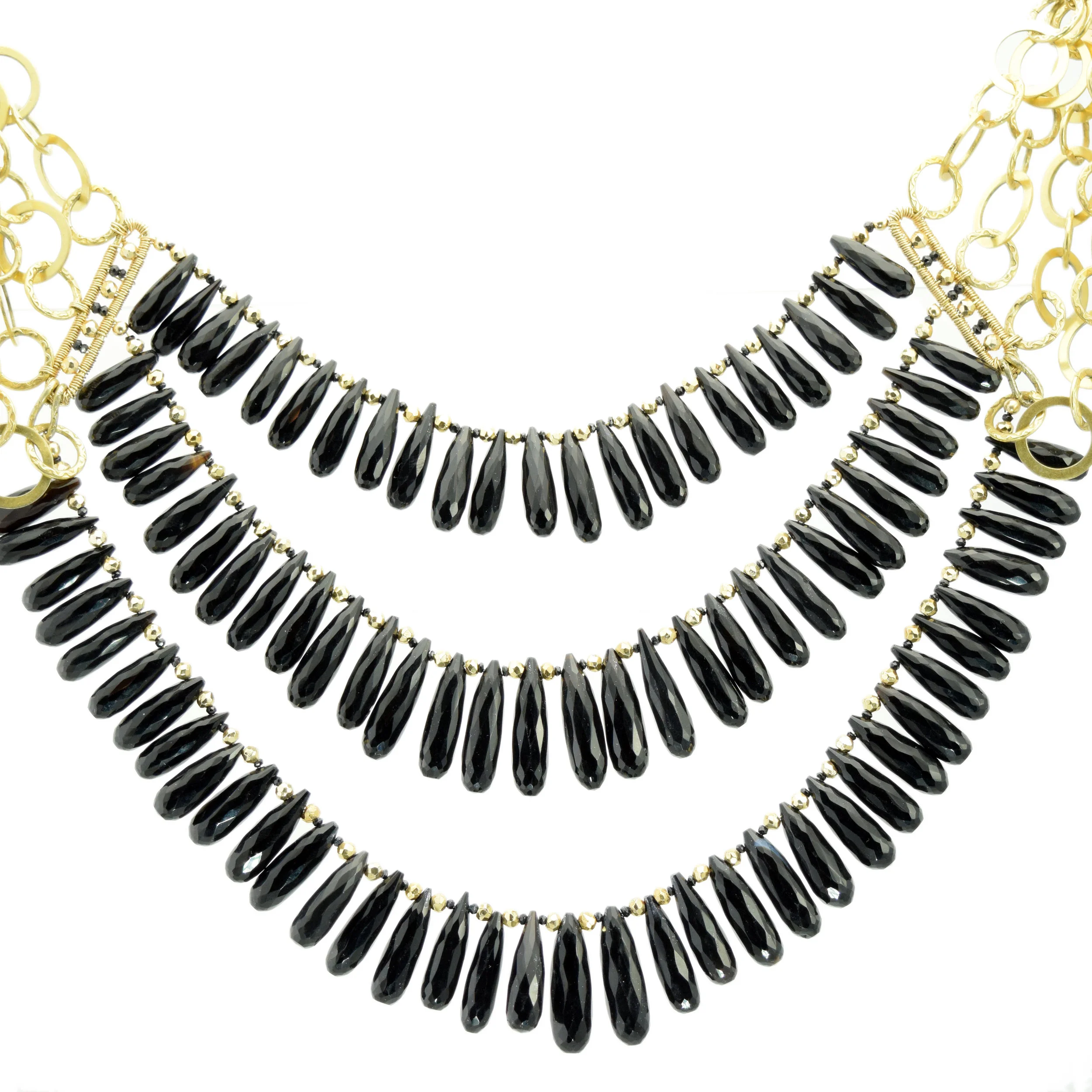 black spinel triple strand gold necklace