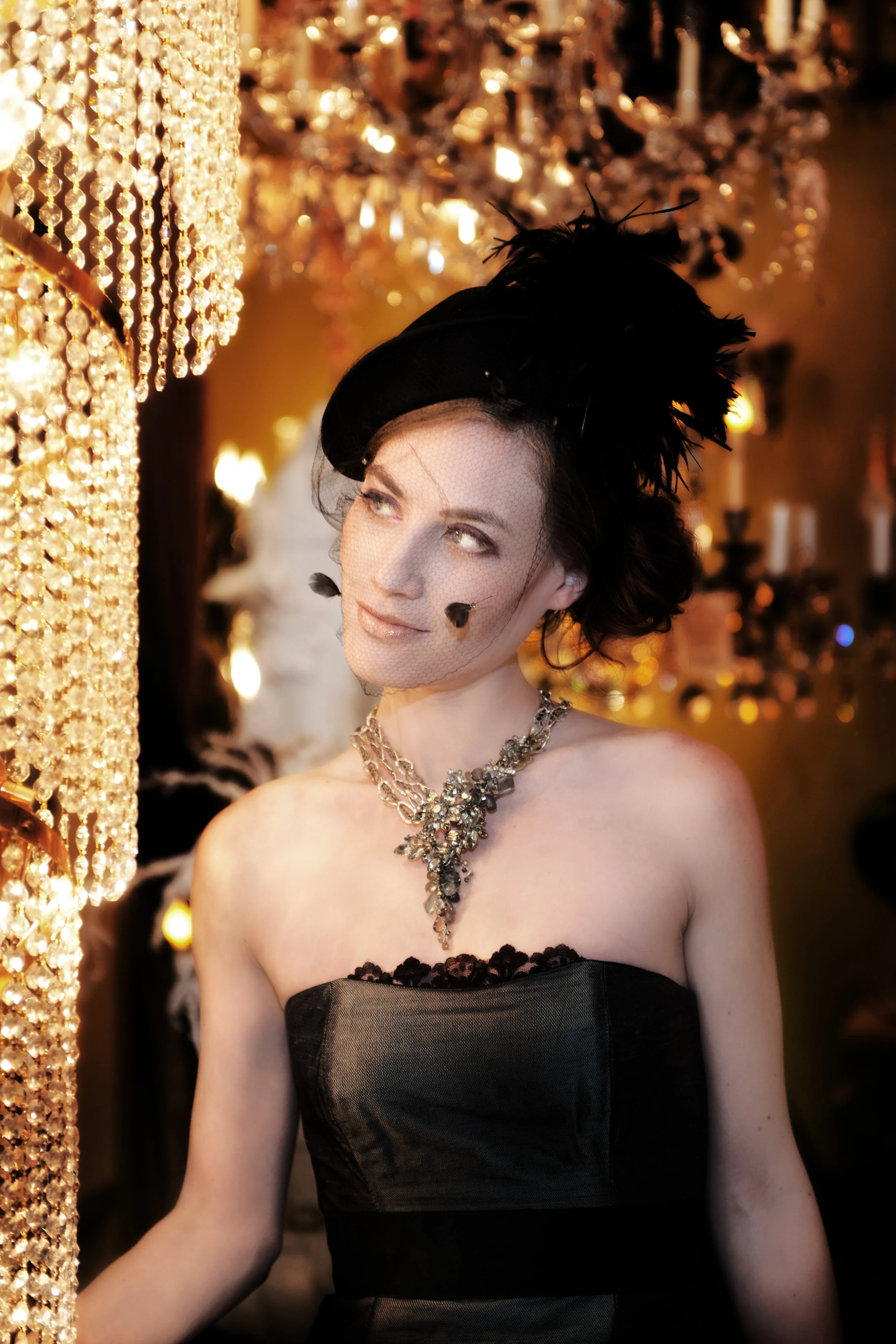 model wearing statement necklace