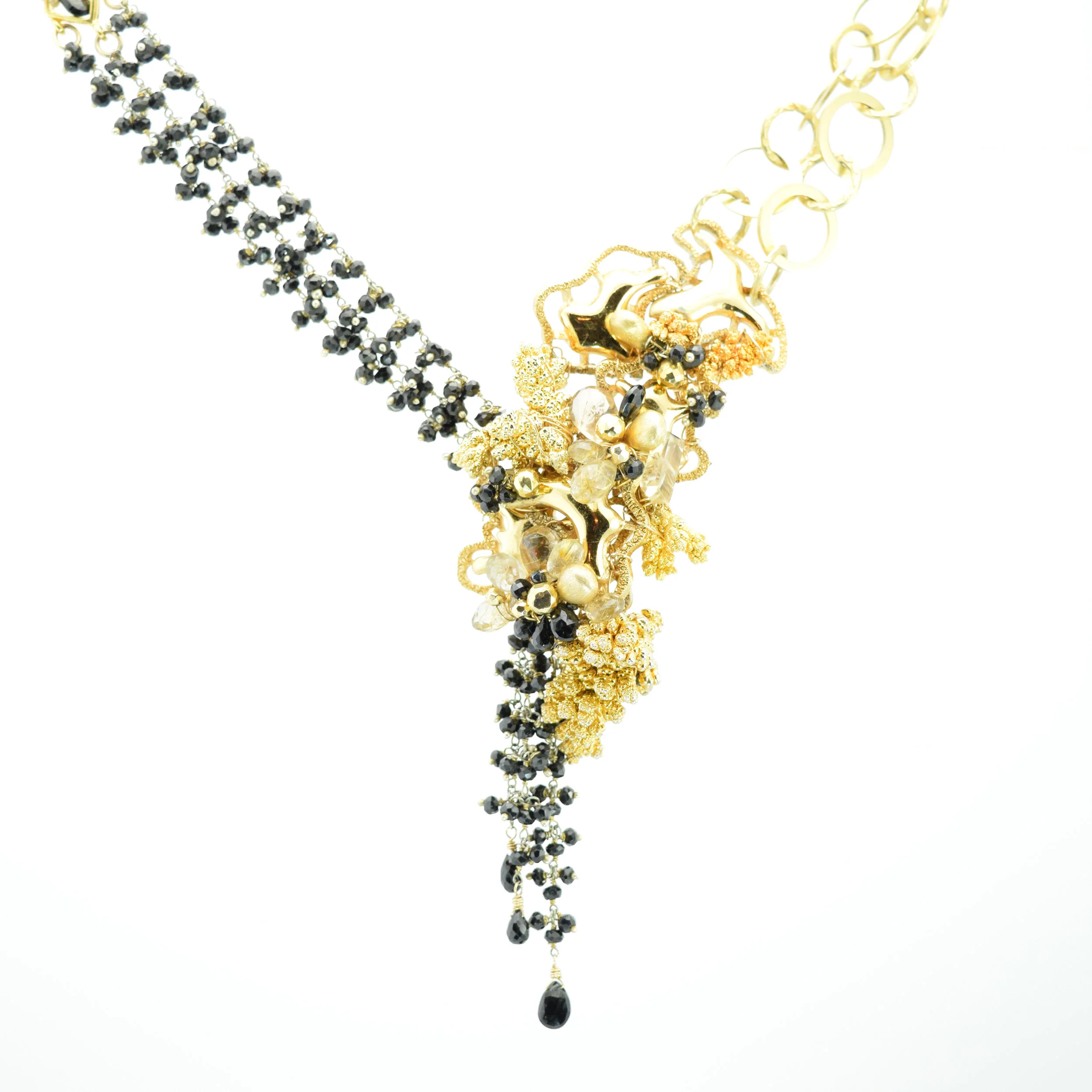 Gold with black spinel multi drop statement necklace