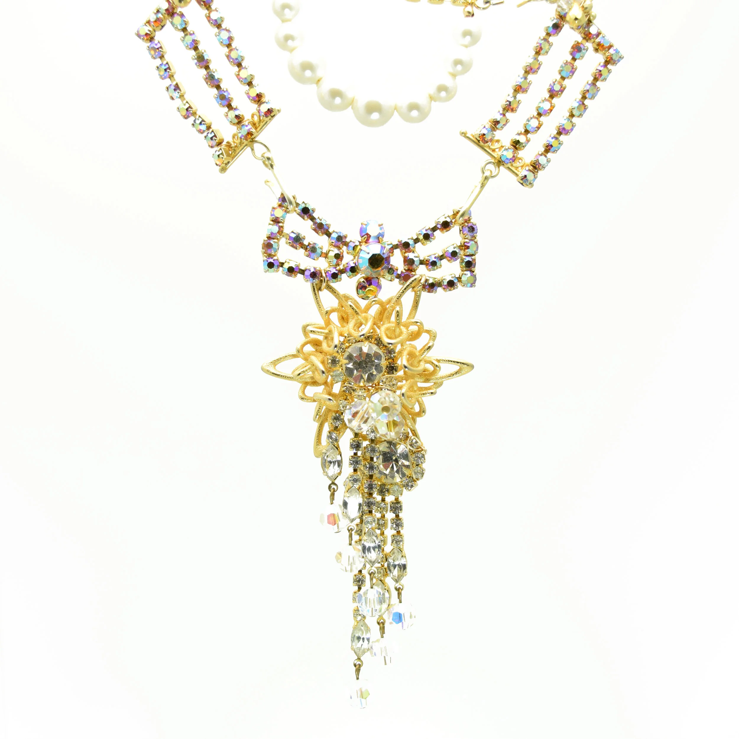 triple pearl strand reversible rhinestone asymmetrical statement necklace 