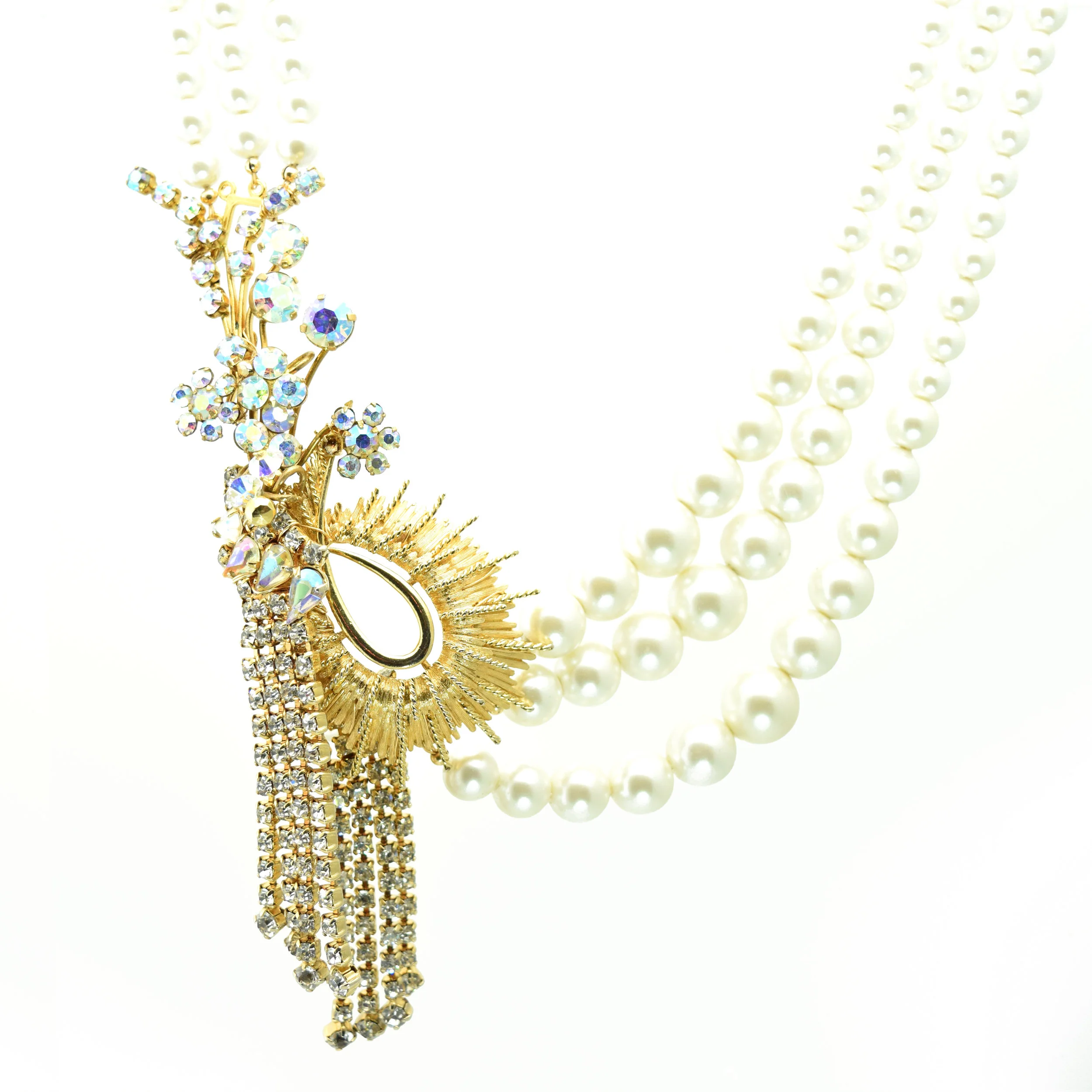 triple pearl strand reversible rhinestone asymmetrical statement necklace 