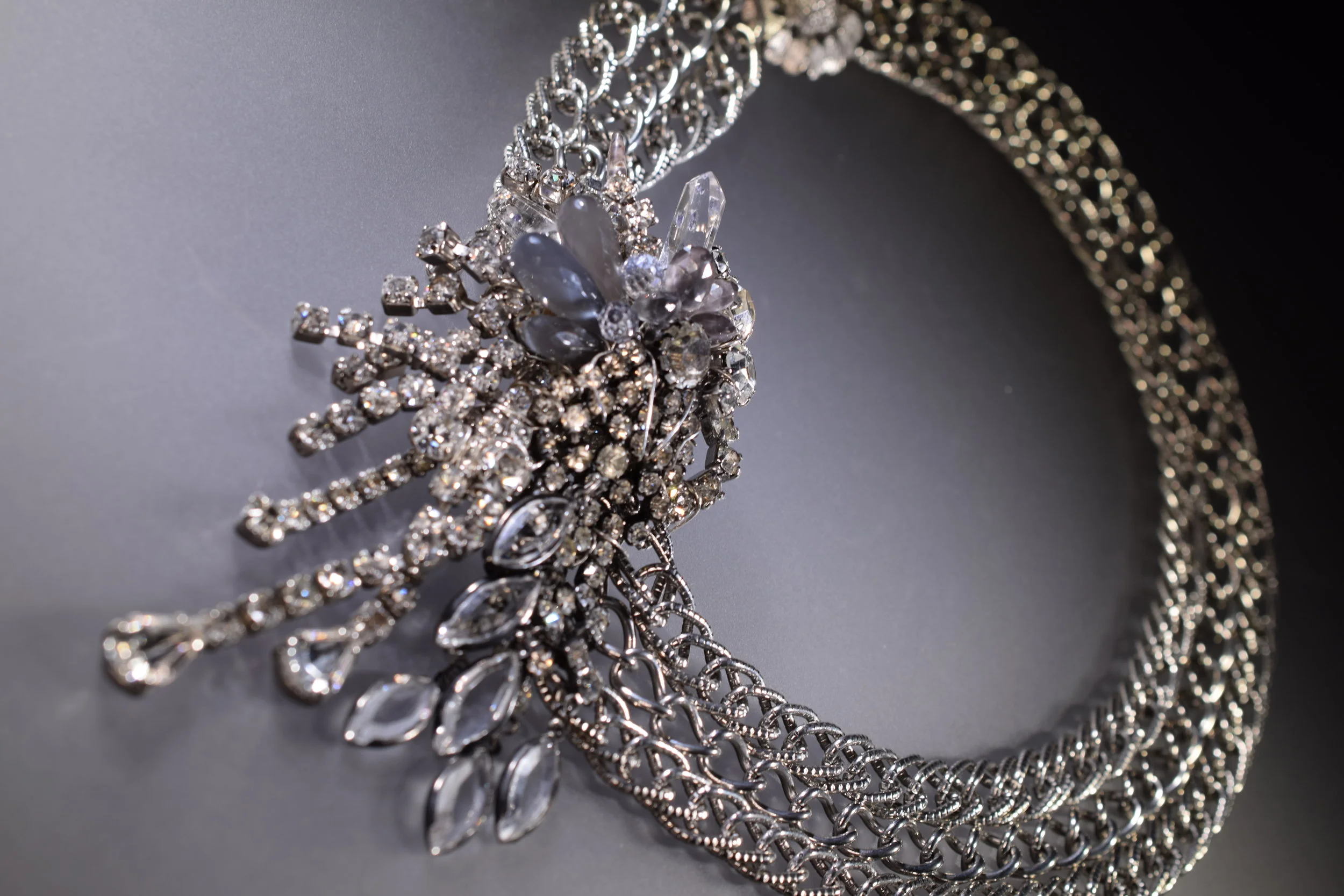 triple silver chain vintage and gemstone collar necklace