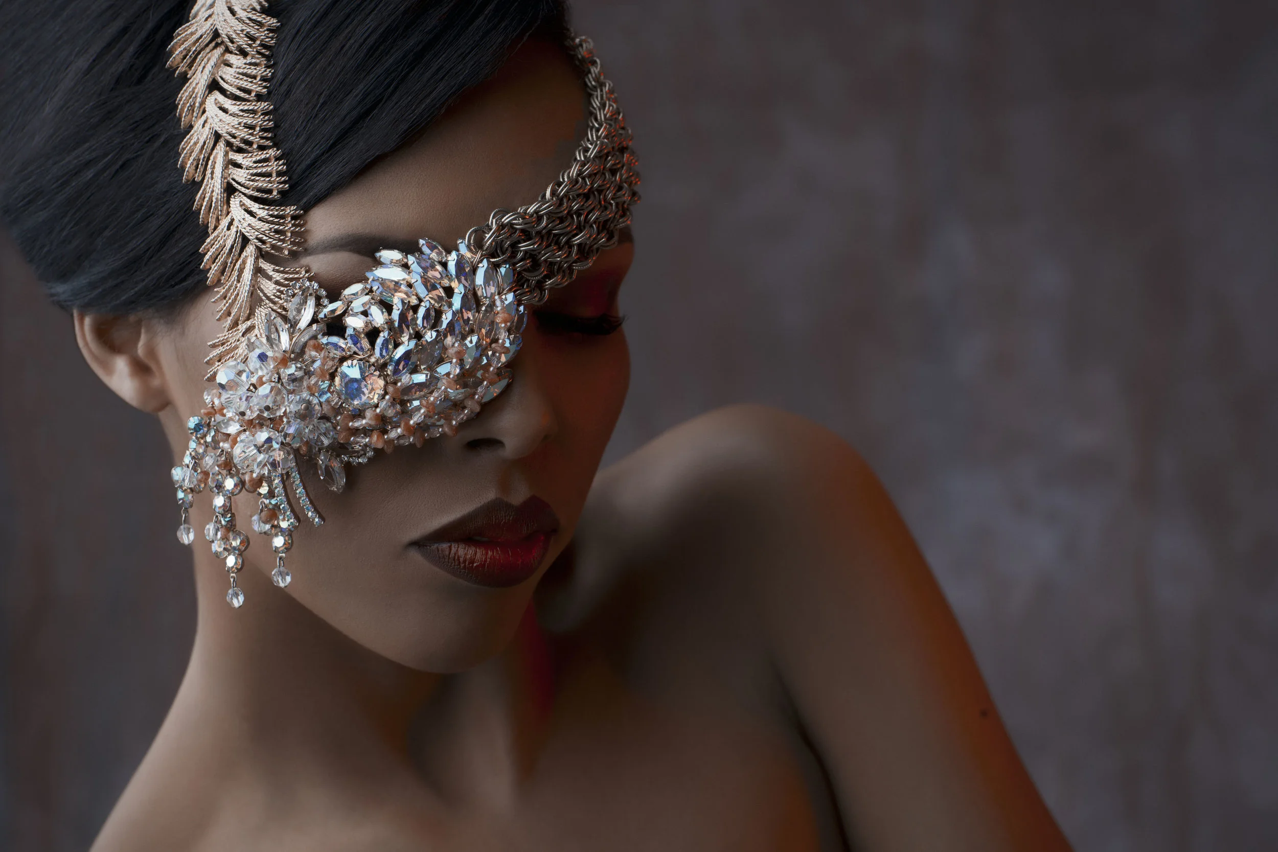 model wearing statement vintage assemblage rhinestone necklace